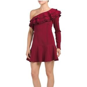 The Room By Arc & Co NWT Burgundy One Shoulder Long Sleeve Ruffle Mini Dress
